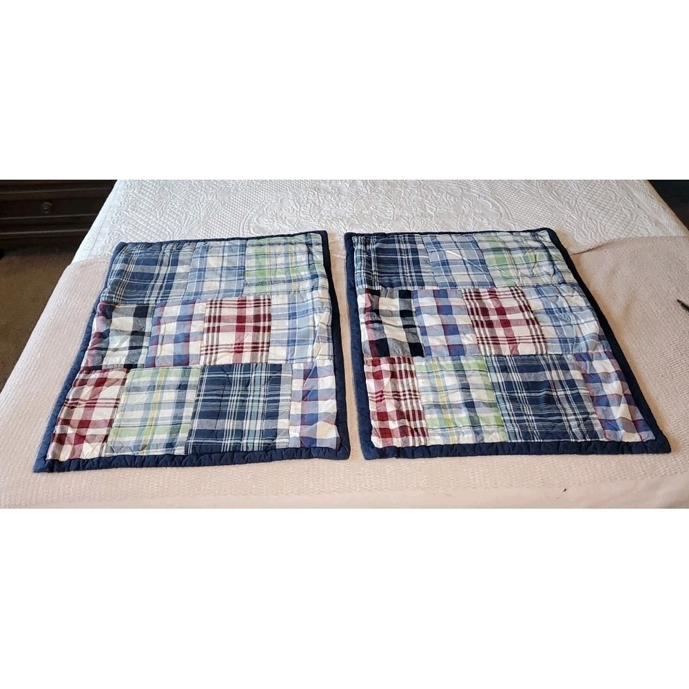 Pottery Barn Teens Quilted Madras Patchwork 2 Shams Blue Red Green *flaw*
